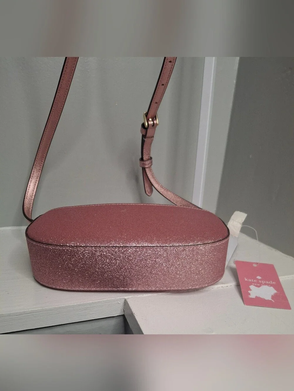 Kate Spade Glimmer Oval Camera Crossbody Mitten Pink Glitter NWT